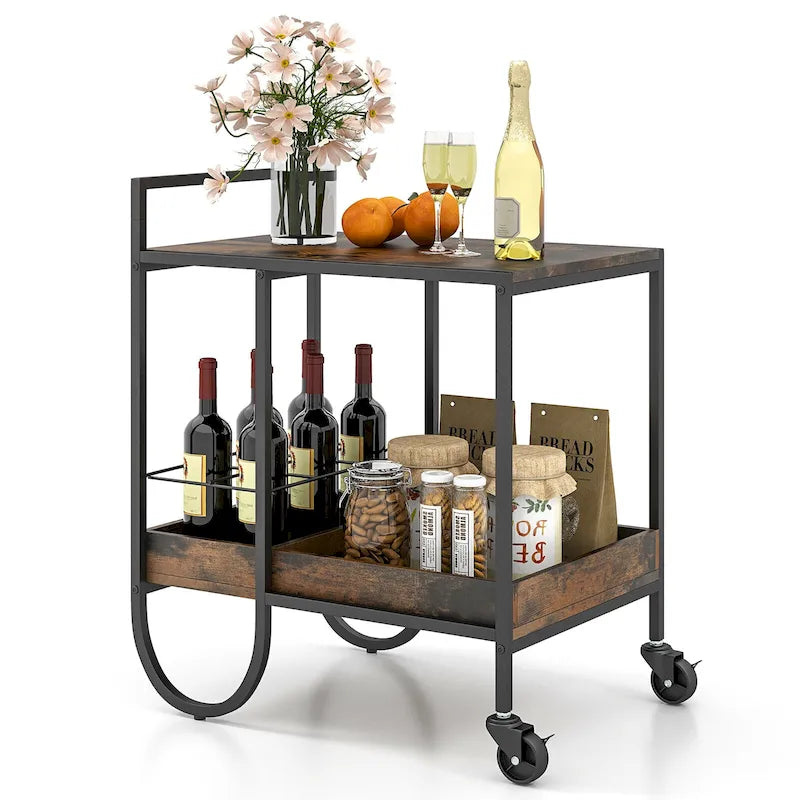Industrial Bar Cart, Rolling Buffet Serving Cart with Removable Wine Rack