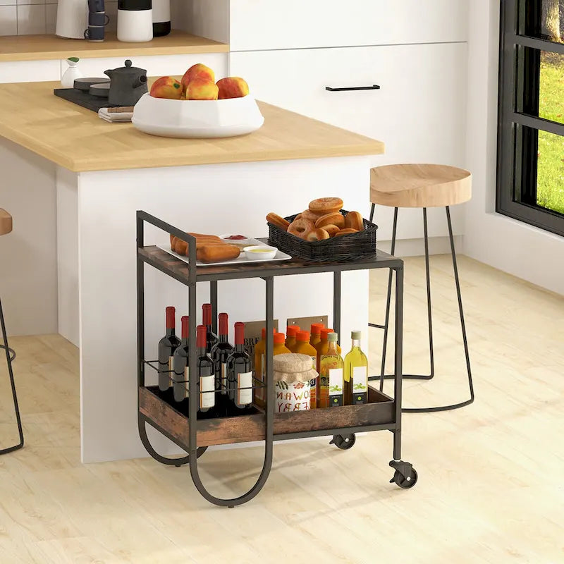 Industrial Bar Cart, Rolling Buffet Serving Cart with Removable Wine Rack