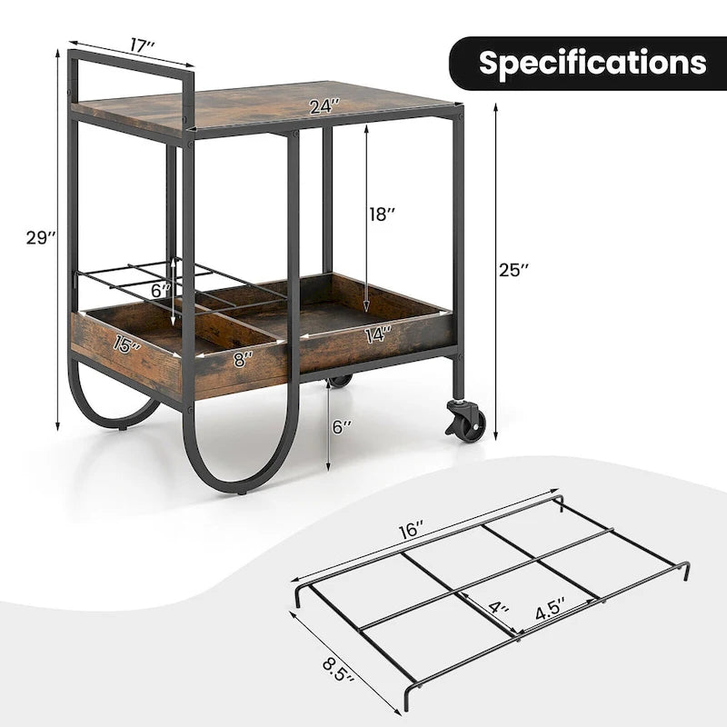 Industrial Bar Cart, Rolling Buffet Serving Cart with Removable Wine Rack