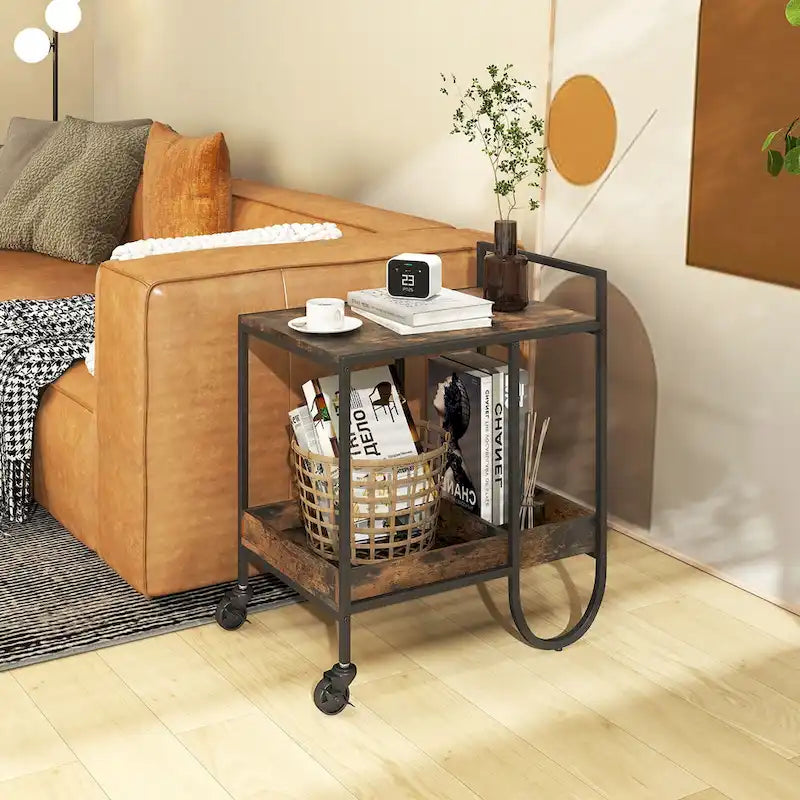 Industrial Bar Cart, Rolling Buffet Serving Cart with Removable Wine Rack