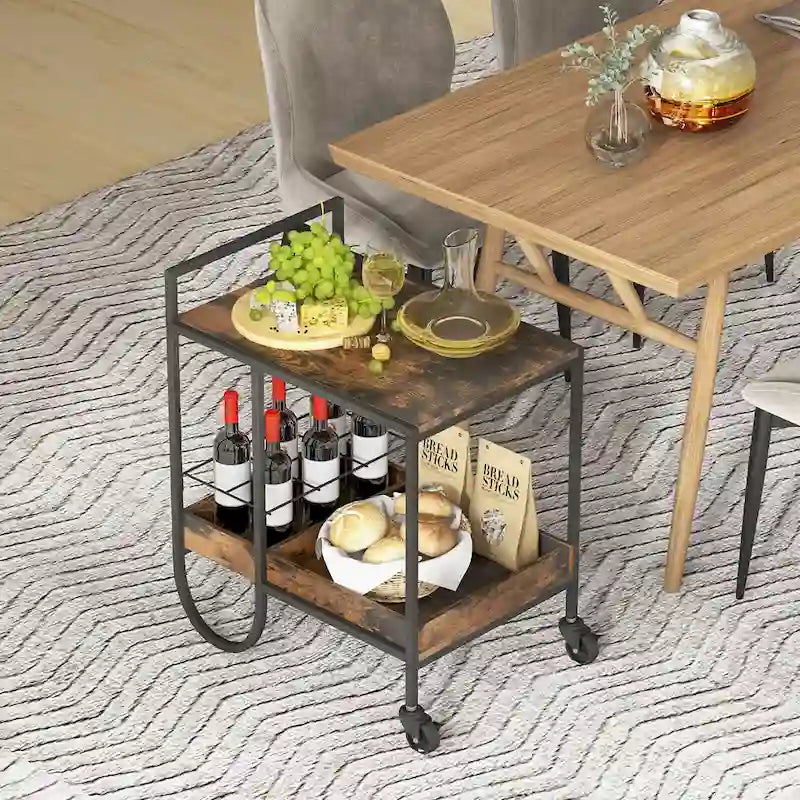 Industrial Bar Cart, Rolling Buffet Serving Cart with Removable Wine Rack
