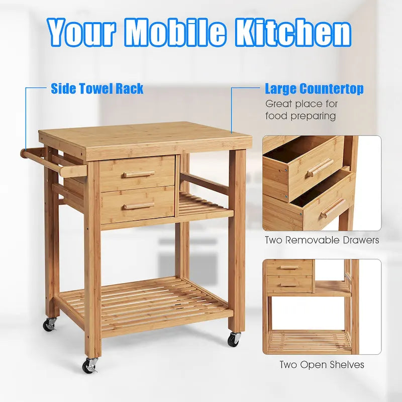 Bamboo Kitchen Island Rolling Storage Cart with Wheels