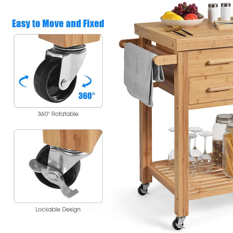 Bamboo Kitchen Island Rolling Storage Cart with Wheels