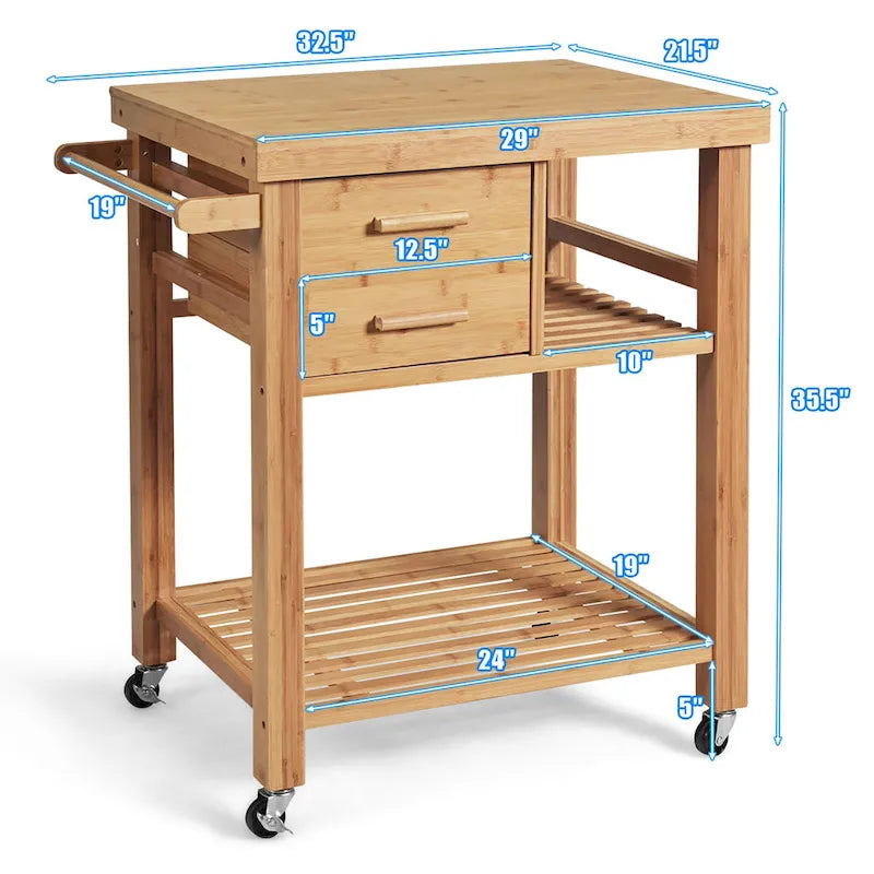 Bamboo Kitchen Island Rolling Storage Cart with Wheels