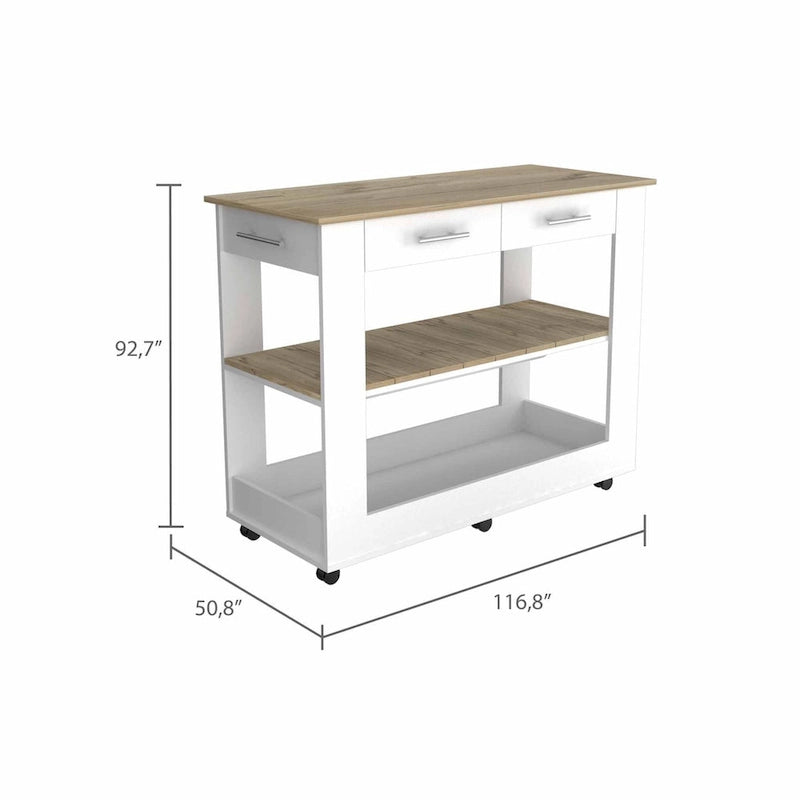 Light Oak and White Kitchen Island with Drawer, Shelves and Casters - 20 in. x 40 in. x 20 in.