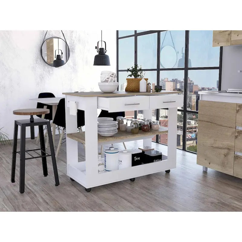 Light Oak and White Kitchen Island with Drawer, Shelves and Casters - 20 in. x 40 in. x 20 in.