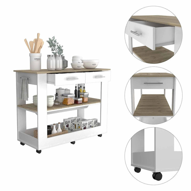 Light Oak and White Kitchen Island with Drawer, Shelves and Casters - 20 in. x 40 in. x 20 in.