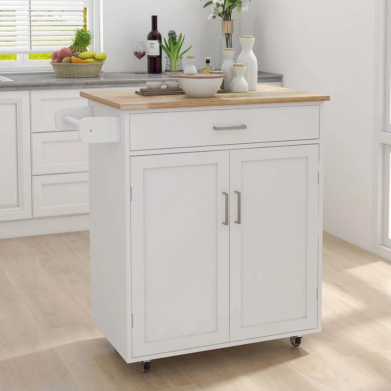 Mobile Kitchen Island Cart with Drawer, Cabinet and Rubber Wood Top