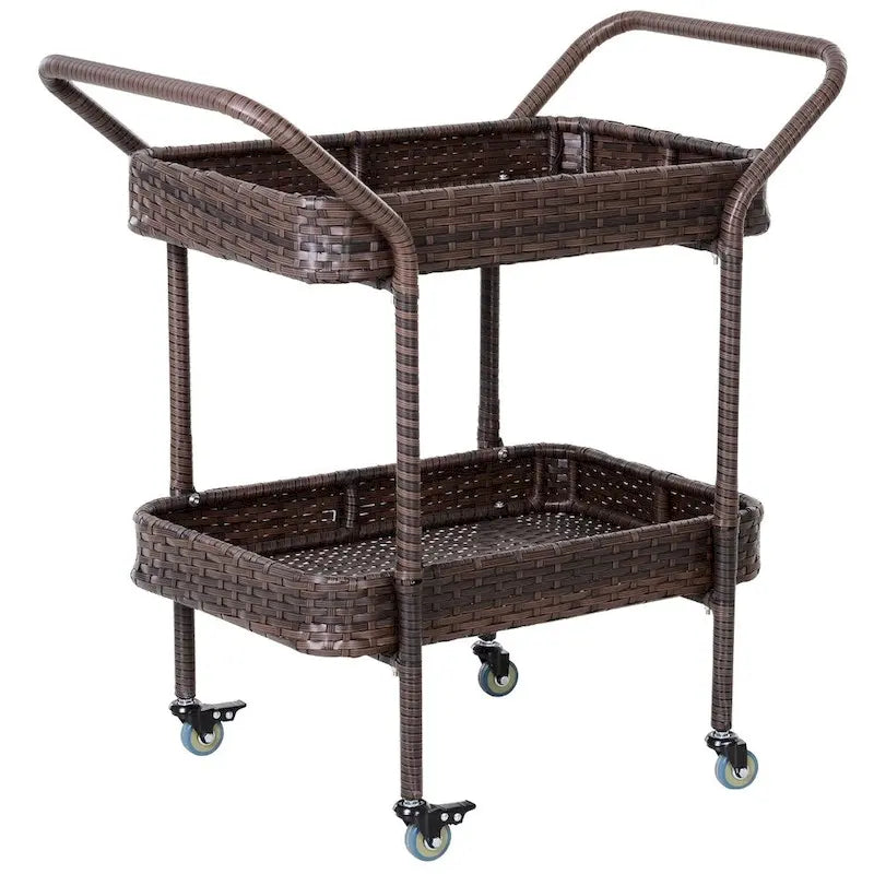 Rattan Food and Serving Cart with 4 Wheels and 2 Tiers for Parties, Kitchen or Utility Use