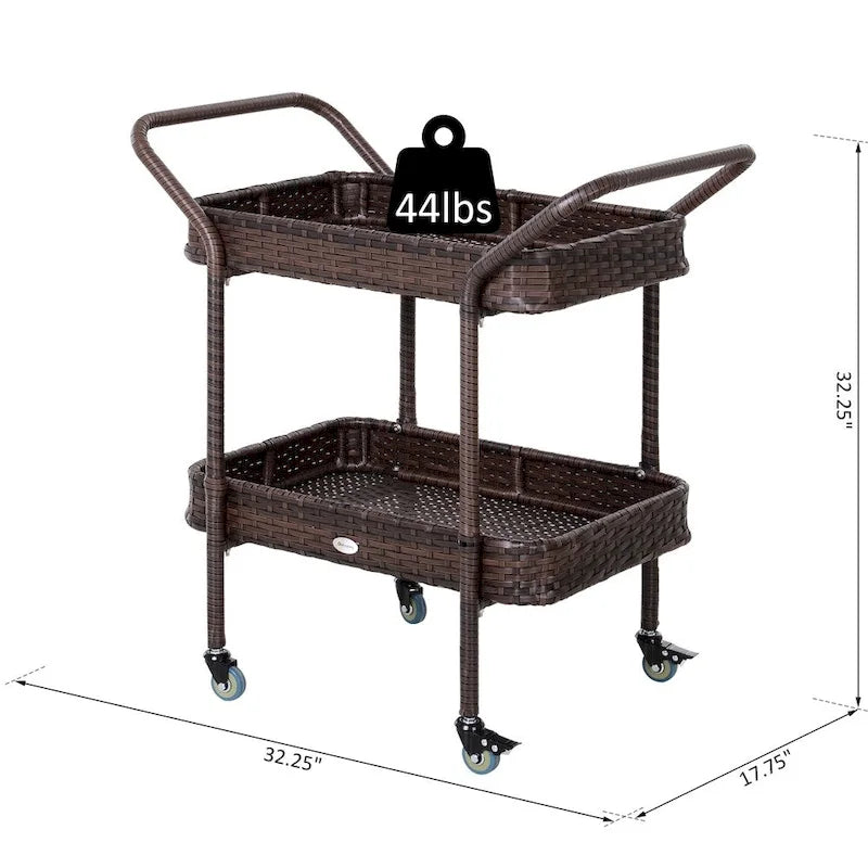 Rattan Food and Serving Cart with 4 Wheels and 2 Tiers for Parties, Kitchen or Utility Use