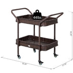 Rattan Food and Serving Cart with 4 Wheels and 2 Tiers for Parties, Kitchen or Utility Use