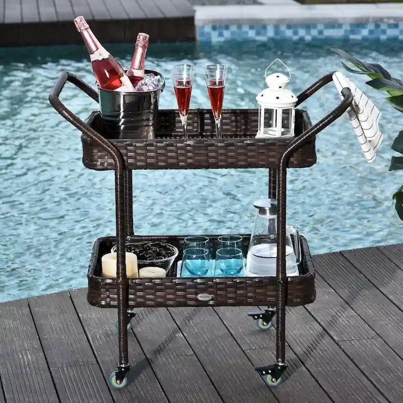 Rattan Food and Serving Cart with 4 Wheels and 2 Tiers for Parties, Kitchen or Utility Use