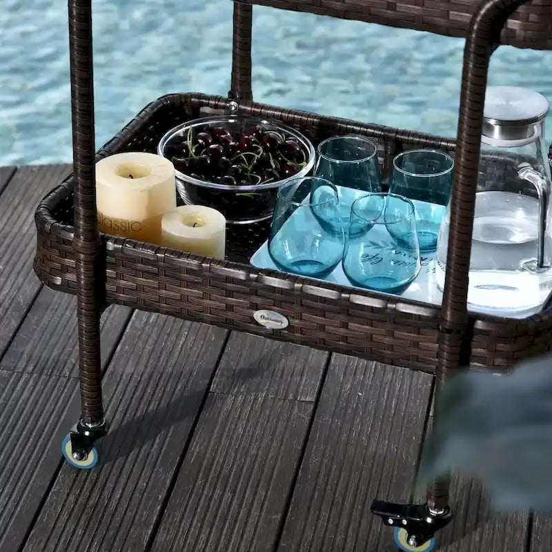 Rattan Food and Serving Cart with 4 Wheels and 2 Tiers for Parties, Kitchen or Utility Use