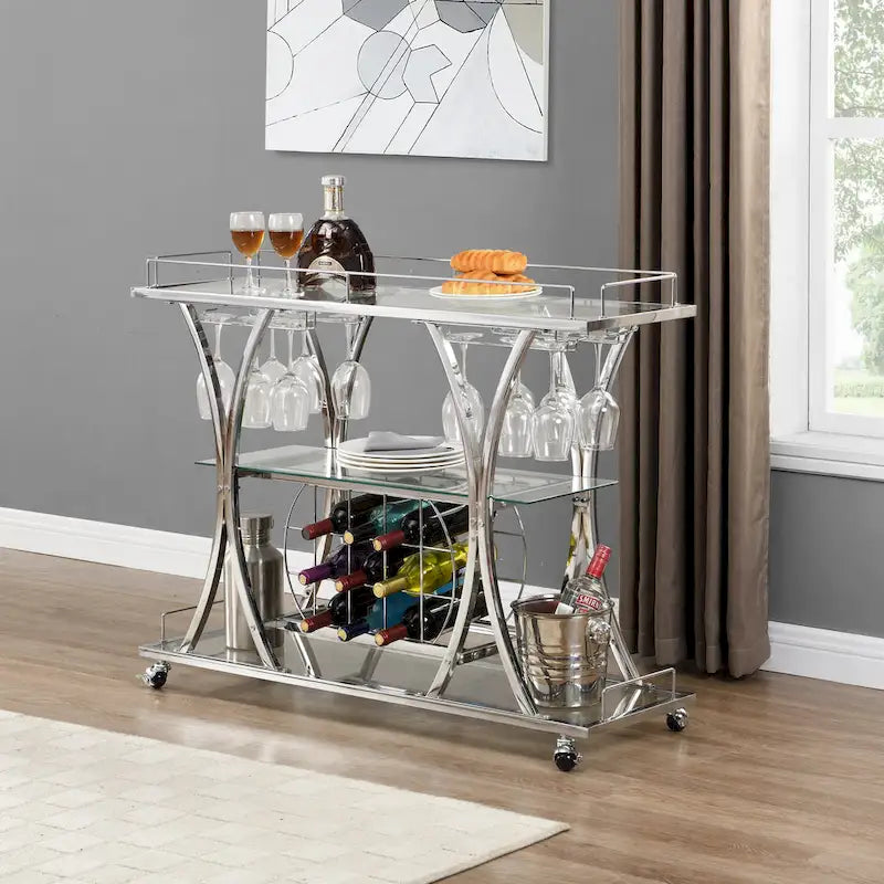 Bar Cart with Wine Rack, Tempered Glass and Metal Frame