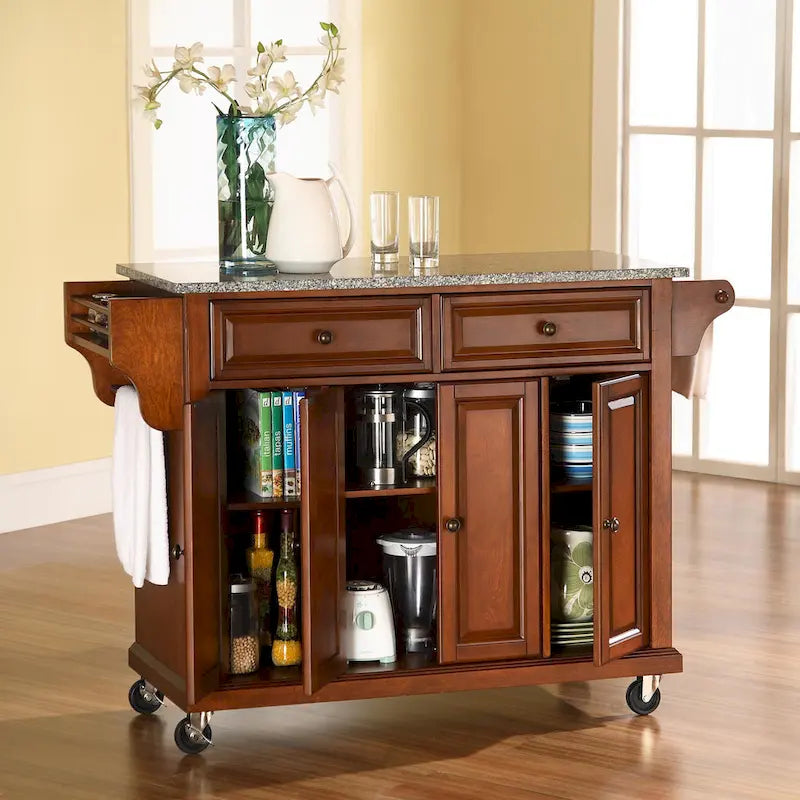 Full Size Granite Top Kitchen Cart in Cherry - 18 in. D x 51.5 in. W x 36 in. H