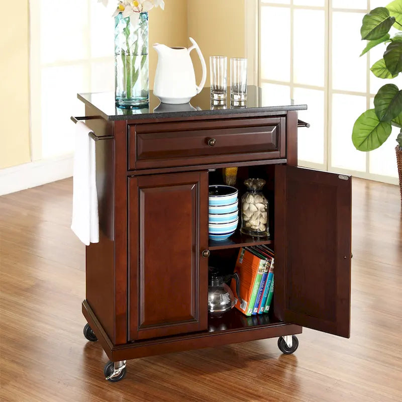 Solid Black Granite Top Portable Kitchen Cart in Vintage Mahogany Finish - 18 in. D x 31 in. W x 35.5 in. H