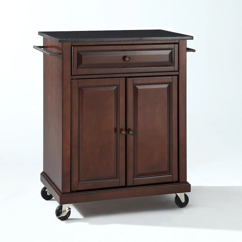Solid Black Granite Top Portable Kitchen Cart in Vintage Mahogany Finish - 18 in. D x 31 in. W x 35.5 in. H