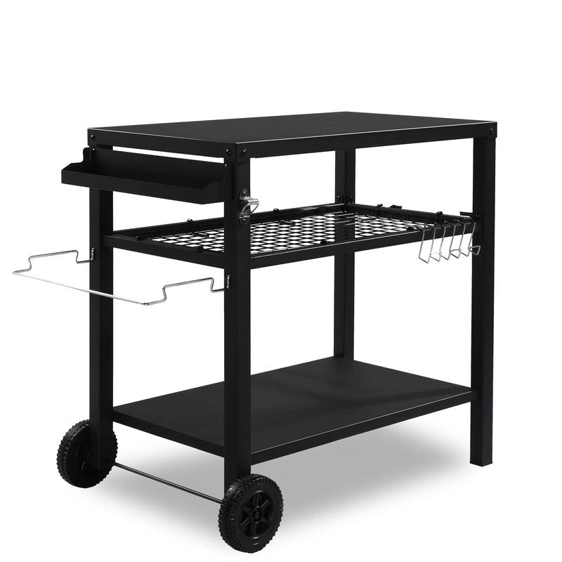 Outdoor Grill Cart Movable BBQ Trolley Food Prep Cart with Two Wheels and Hooks