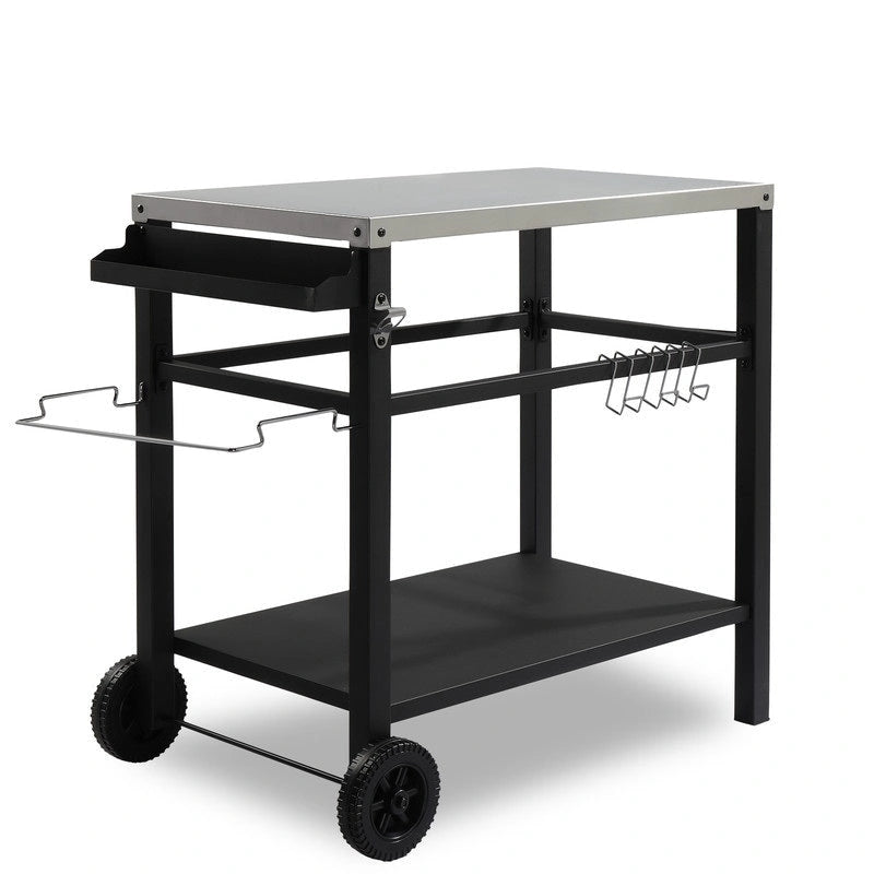Outdoor Grill Cart Movable BBQ Trolley Food Prep Cart with Two Wheels and Hooks