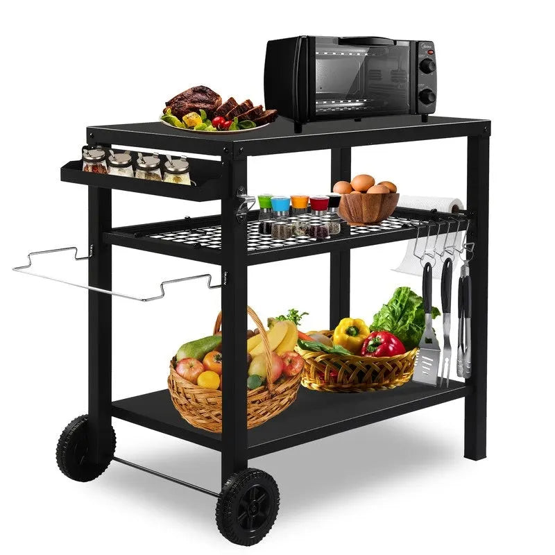 Outdoor Grill Cart Movable BBQ Trolley Food Prep Cart with Two Wheels and Hooks