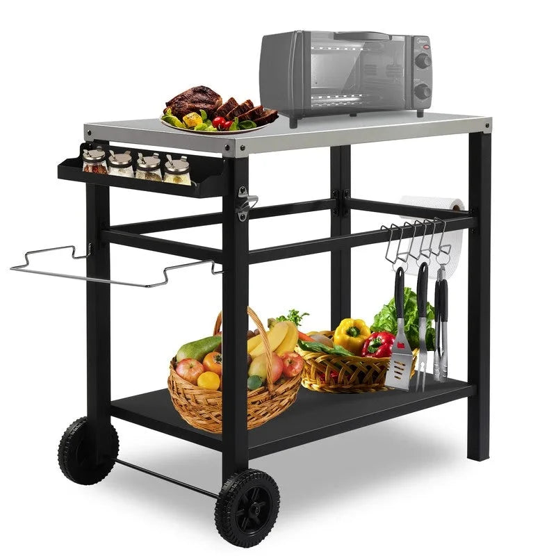 Outdoor Grill Cart Movable BBQ Trolley Food Prep Cart with Two Wheels and Hooks