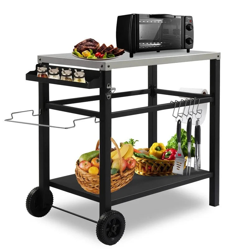 Outdoor Grill Cart Movable BBQ Trolley Food Prep Cart with Two Wheels and Hooks
