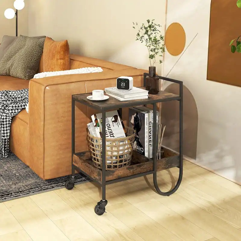 Rolling Buffet Serving Cart with Removable Metal Wire Wine Rack in Brown - 24 in. x 17 in. x 29 in. (L x W x H)
