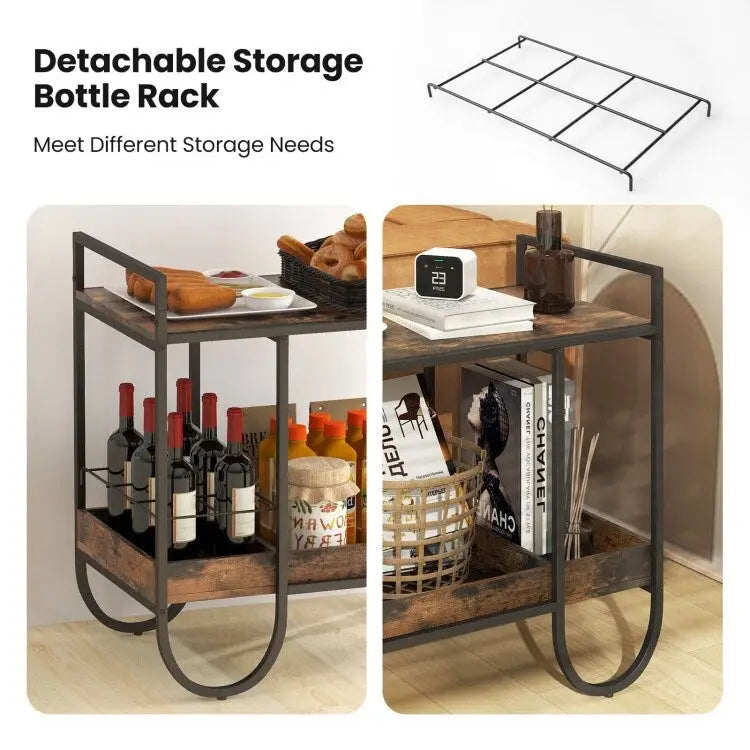 Rolling Buffet Serving Cart with Removable Metal Wire Wine Rack in Brown - 24 in. x 17 in. x 29 in. (L x W x H)