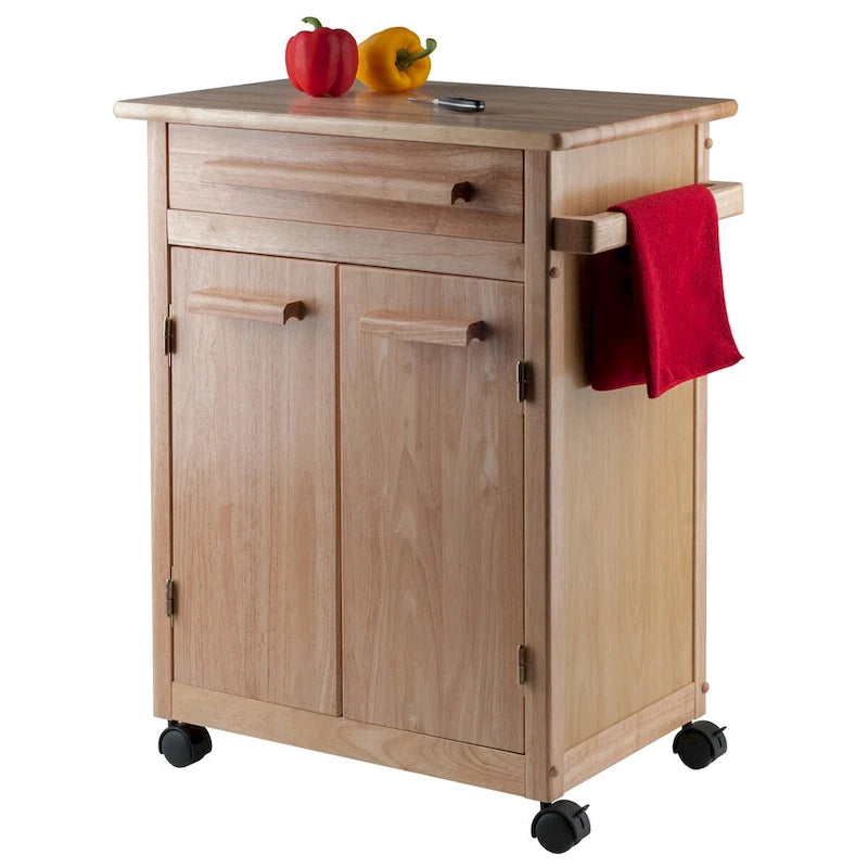 Kitchen Cart with Cabinet, Drawer and Towel Bar in Natural Finish - 26.9 x 18.2 x 34.3 in.