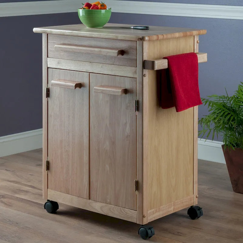 Kitchen Cart with Cabinet, Drawer and Towel Bar in Natural Finish - 26.9 x 18.2 x 34.3 in.