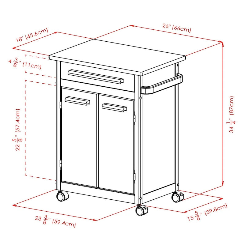 Kitchen Cart with Cabinet, Drawer and Towel Bar in Natural Finish - 26.9 x 18.2 x 34.3 in.