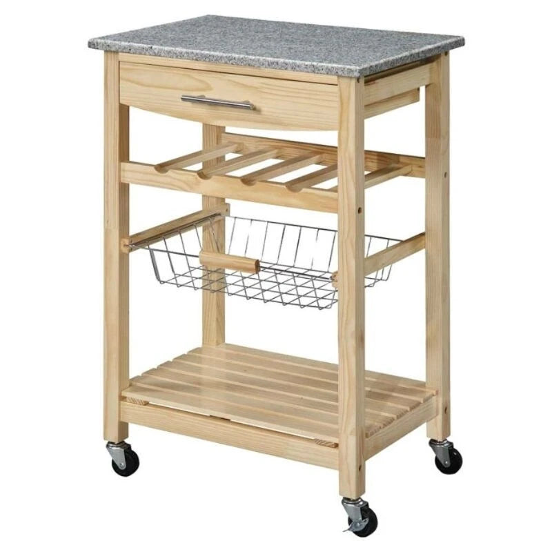 Natural Wood Finish Kitchen Island Cart with Granite Top - 22.8W x 15.6D x 33.9H inches