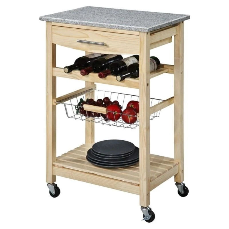 Natural Wood Finish Kitchen Island Cart with Granite Top - 22.8 in. W x 15.6 in. D x 33.9 in. H