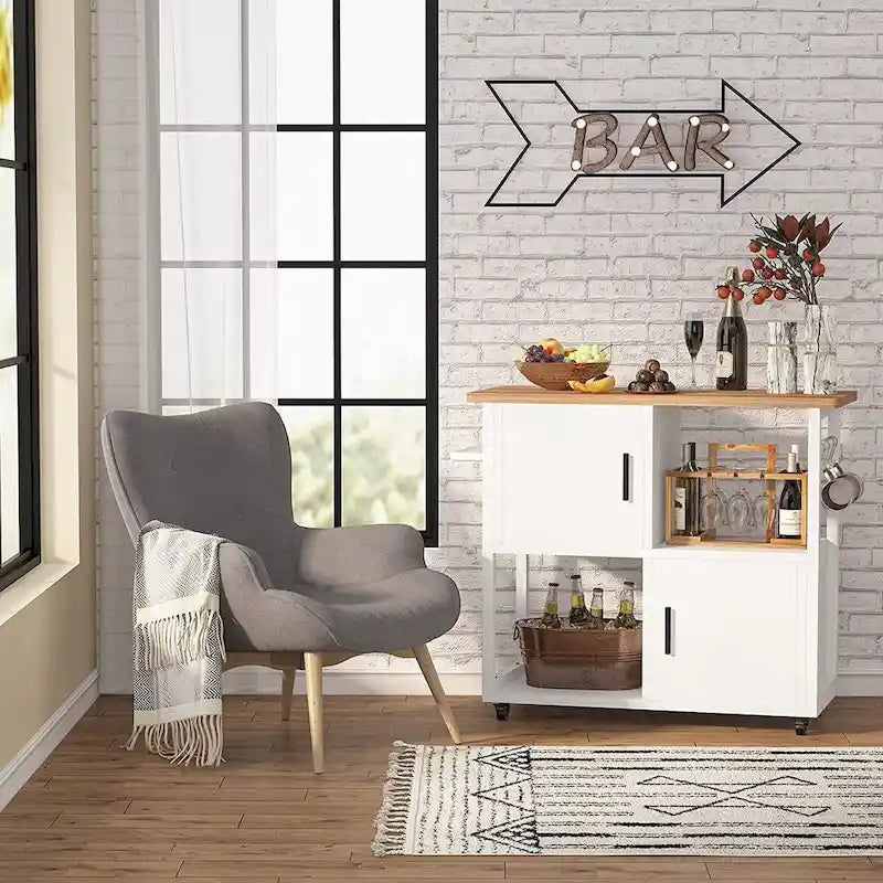 Kitchen Island Cart with Wheels, Towel Rack, Shelves and Cabinet in White