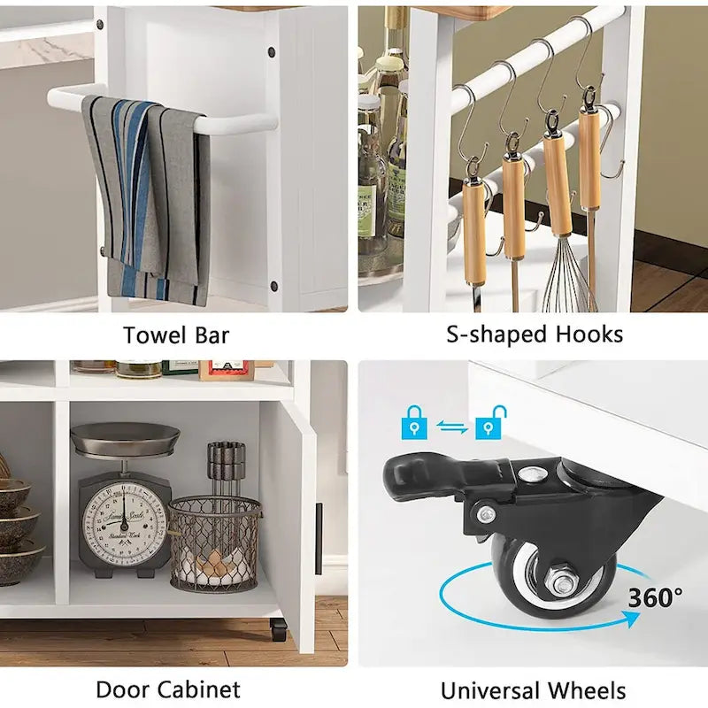 Kitchen Island Cart with Wheels, Towel Rack, Shelves and Cabinet in White
