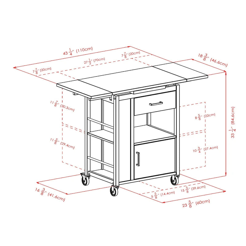 Extendable Top Kitchen Cart in Walnut Finish - 27.56 x 18.35 x 33.46 in.