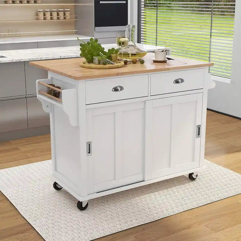 Küchenwagen aus Kautschukholz mit klappbarer Arbeitsplatte, 2 Schubladen und Stauschrank