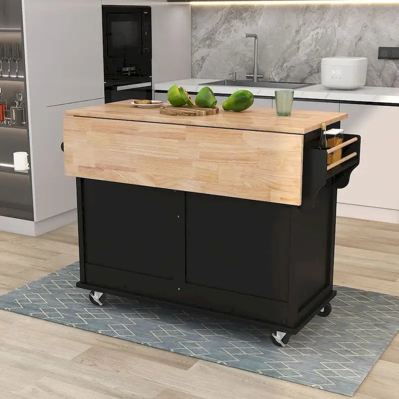 Küchenwagen aus Kautschukholz mit klappbarer Arbeitsplatte, 2 Schubladen und Stauschrank