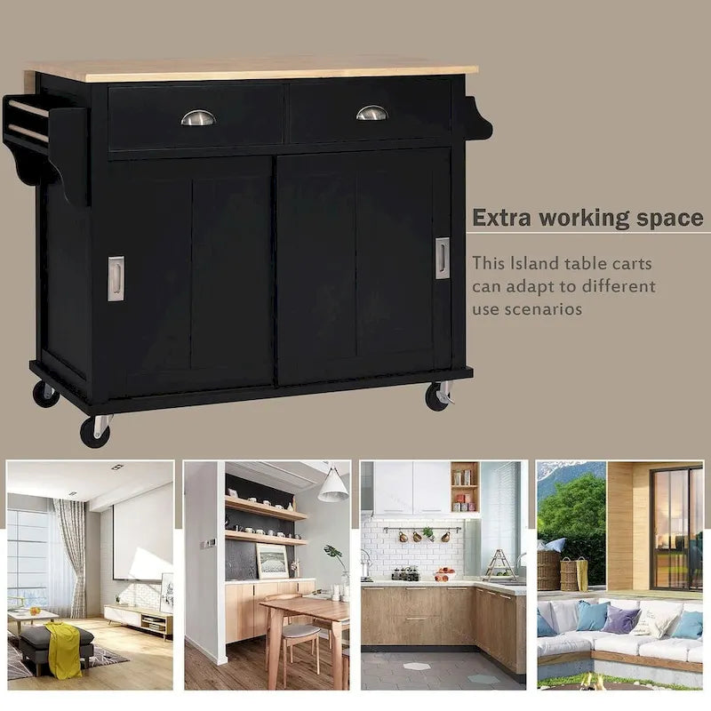 Küchenwagen aus Kautschukholz mit klappbarer Arbeitsplatte, 2 Schubladen und Stauschrank