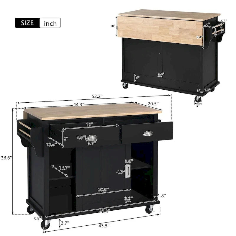 Küchenwagen aus Kautschukholz mit klappbarer Arbeitsplatte, 2 Schubladen und Stauschrank