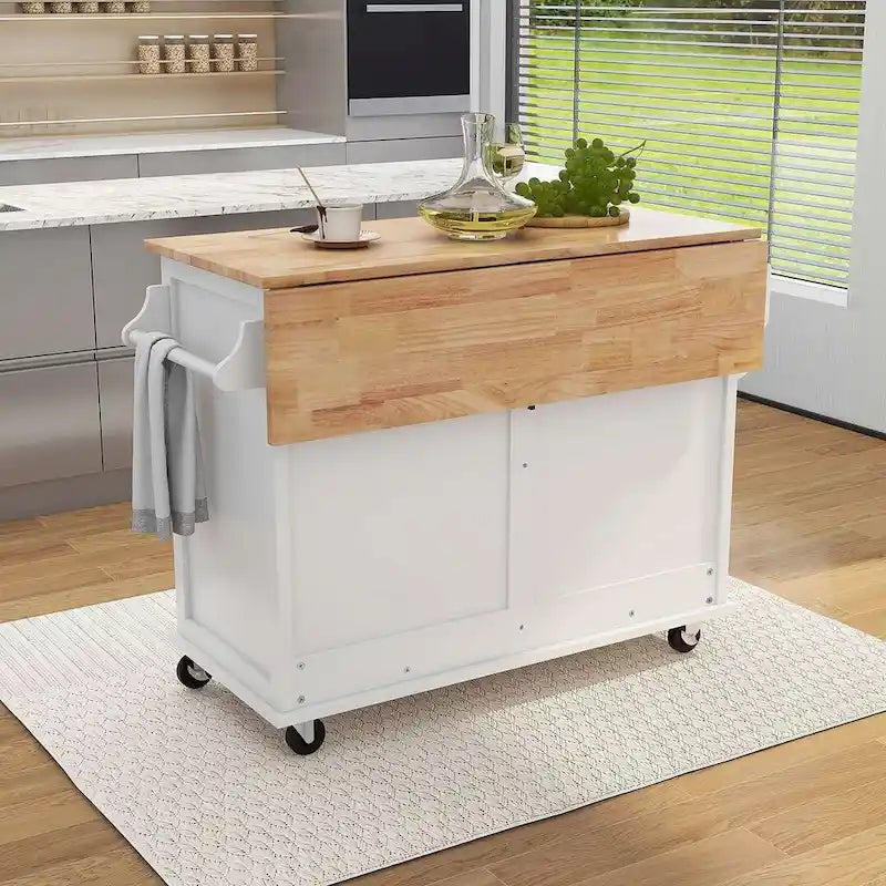 Küchenwagen aus Kautschukholz mit klappbarer Arbeitsplatte, 2 Schubladen und Stauschrank