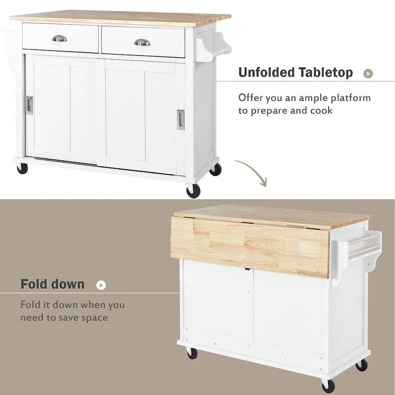Küchenwagen aus Kautschukholz mit klappbarer Arbeitsplatte, 2 Schubladen und Stauschrank
