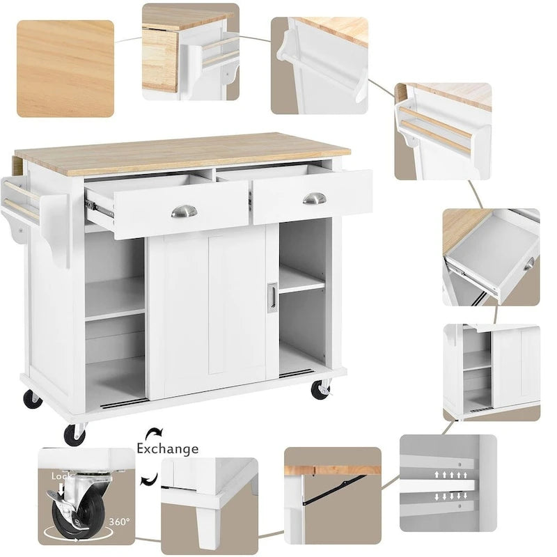 Küchenwagen aus Kautschukholz mit klappbarer Arbeitsplatte, 2 Schubladen und Stauschrank