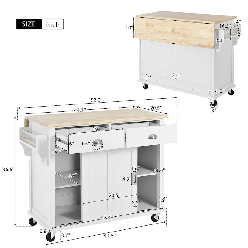 Küchenwagen aus Kautschukholz mit klappbarer Arbeitsplatte, 2 Schubladen und Stauschrank