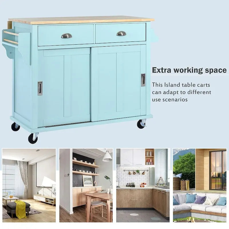 Küchenwagen aus Kautschukholz mit klappbarer Arbeitsplatte, 2 Schubladen und Stauschrank