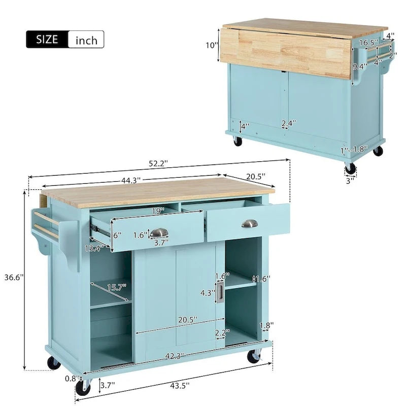 Küchenwagen aus Kautschukholz mit klappbarer Arbeitsplatte, 2 Schubladen und Stauschrank