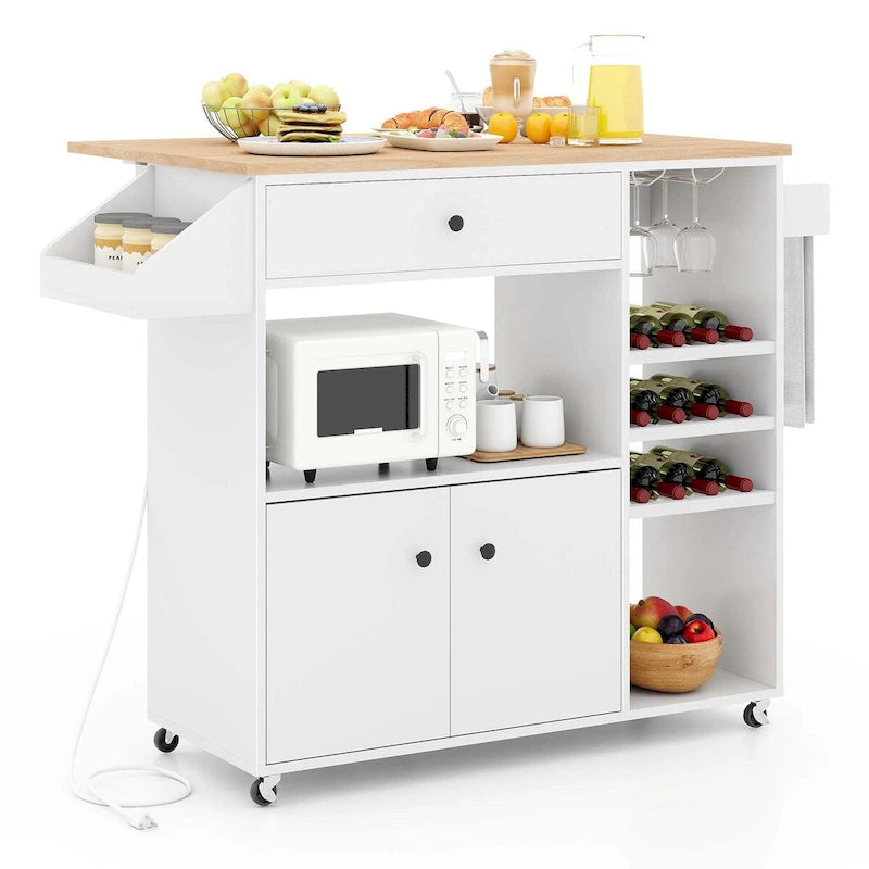 Rolling Kitchen Cart with Drop Leaf and Power Outlet