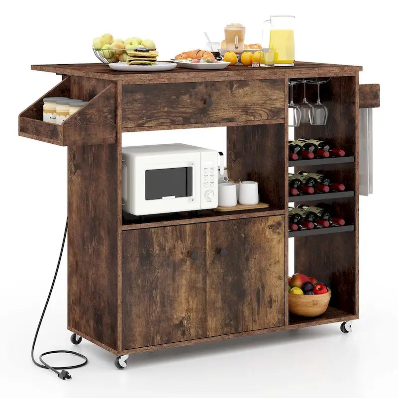 Rolling Kitchen Cart with Drop Leaf and Power Outlet