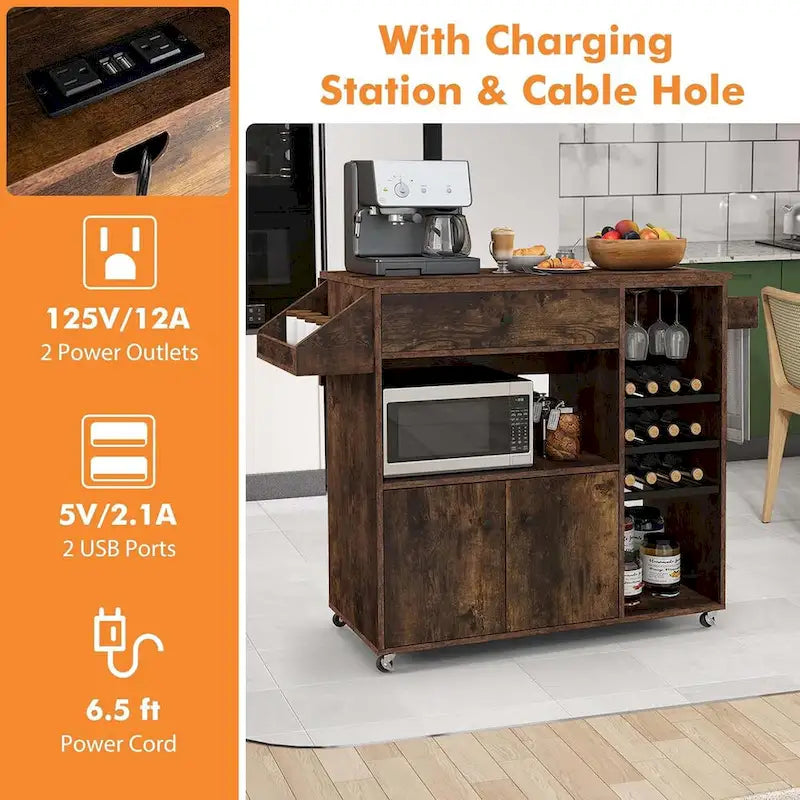 Rolling Kitchen Cart with Drop Leaf and Power Outlet