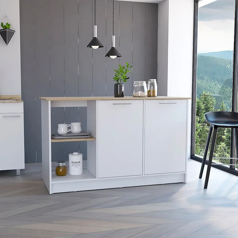 Kitchen Island with Four Open Shelves and Two Cabinets in Light Oak and White